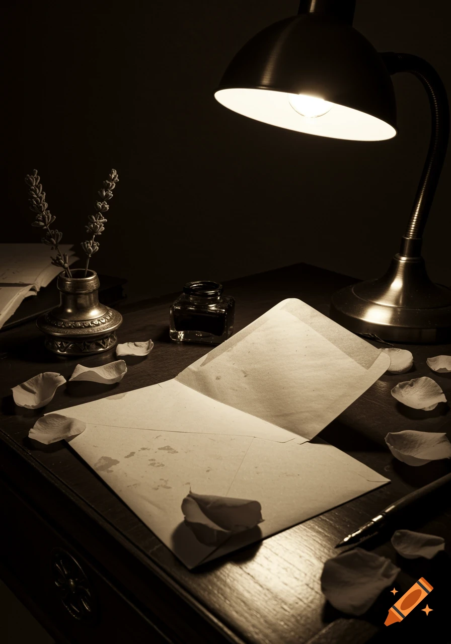 A sepia-toned still life of an open old envelope, an ink pot, and scattered rose petals on a wooden desk lit by a desk lamp.