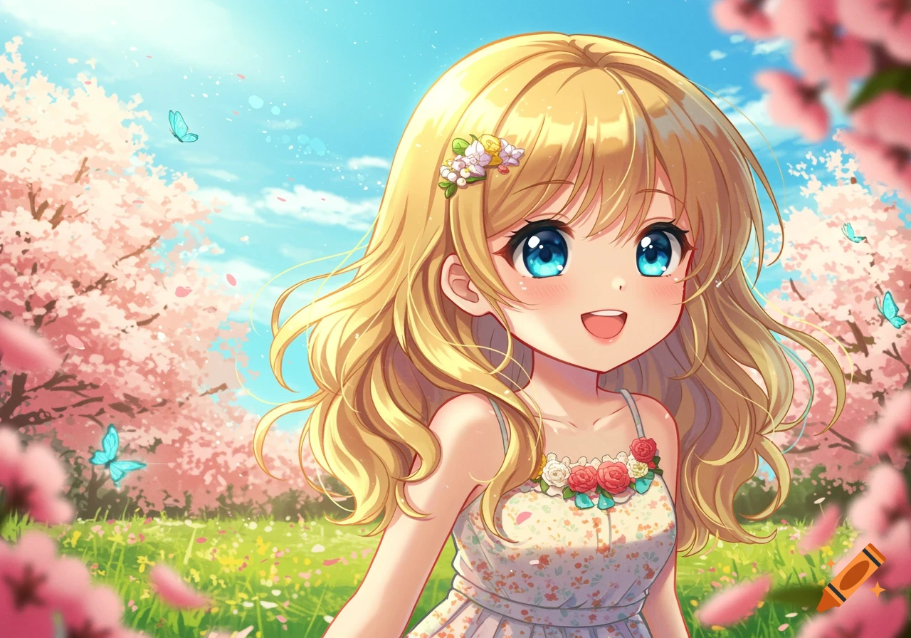 Cute anime girl with blonde hair and blue eyes, smiling in a spring field with pink cherry blossoms and butterflies under a blue sky.