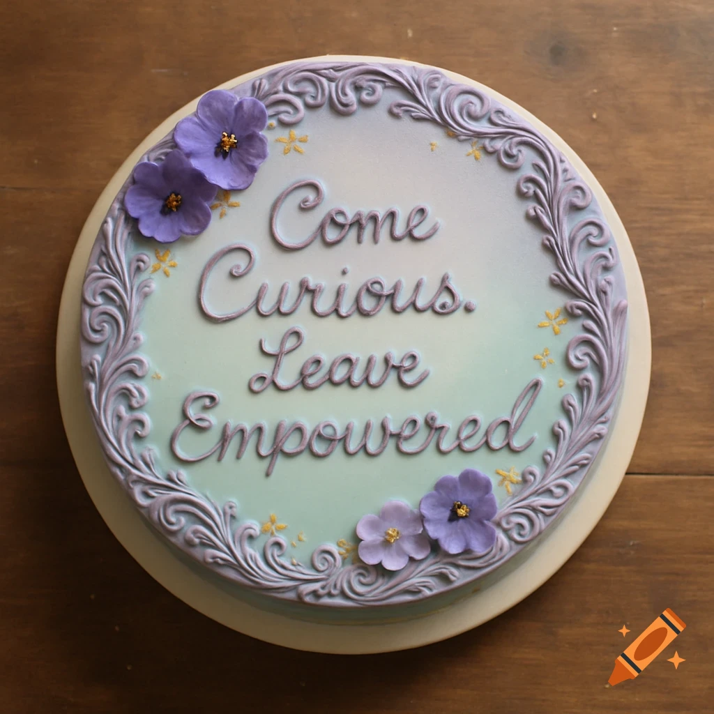 Overhead view of a round cake with purple scroll piping, purple and lighter purple flowers, and yellow star accents on a light blue-green background, with text that reads "Come Curious. Leave Empowered."