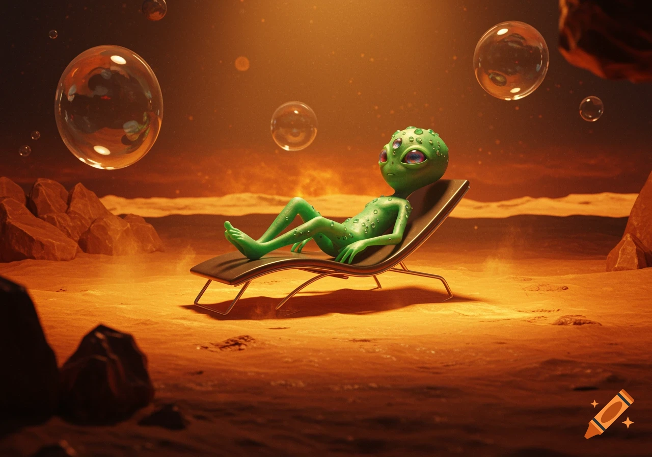 A green alien with large eyes lounges on a sunbed on a reddish desert planet  under an orange sky with floating bubbles. on Craiyon, image size:1280x896