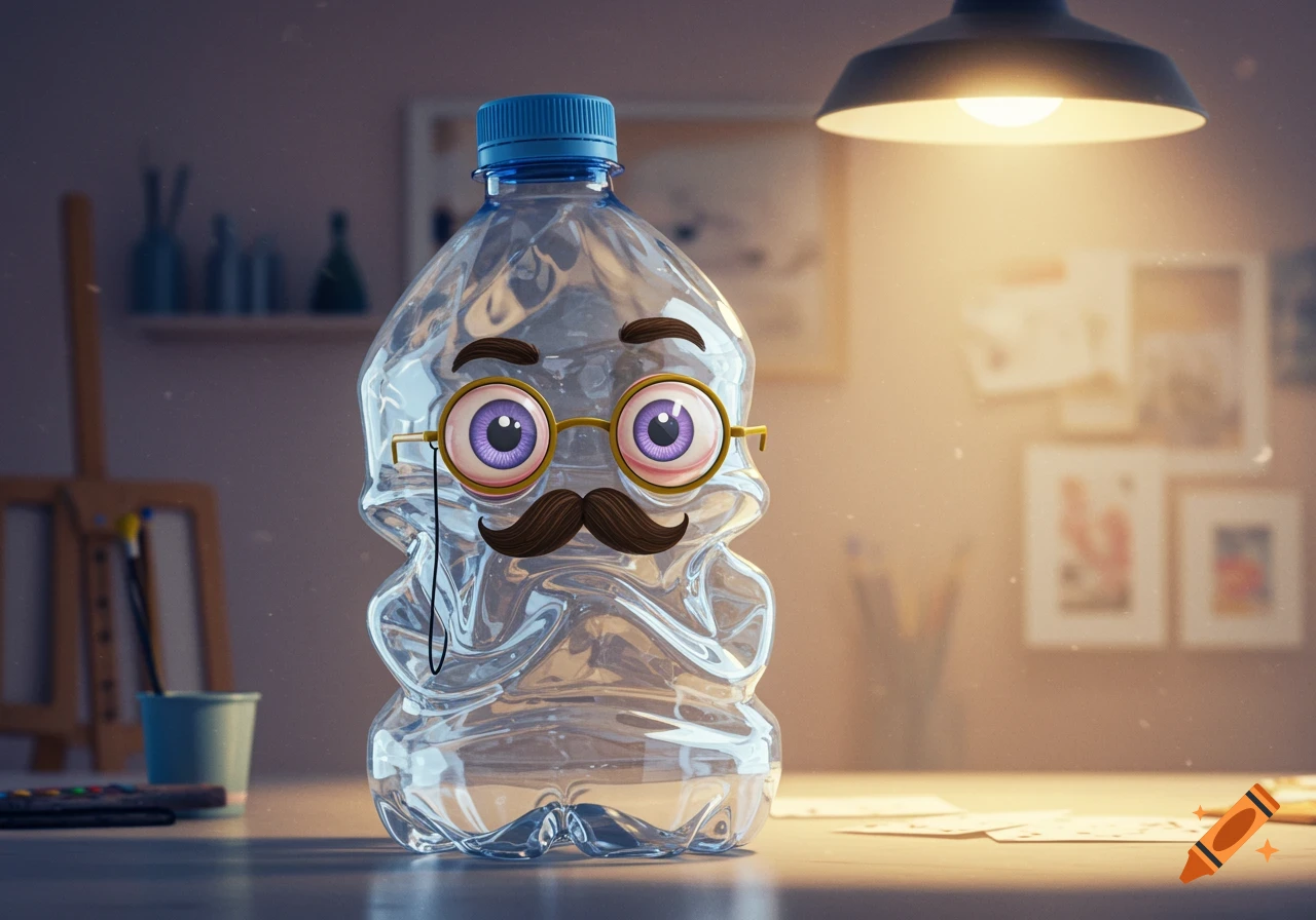 A clear plastic water bottle with cartoon eyes, a handlebar mustache, and a monocle sits on a desk under a lamp.