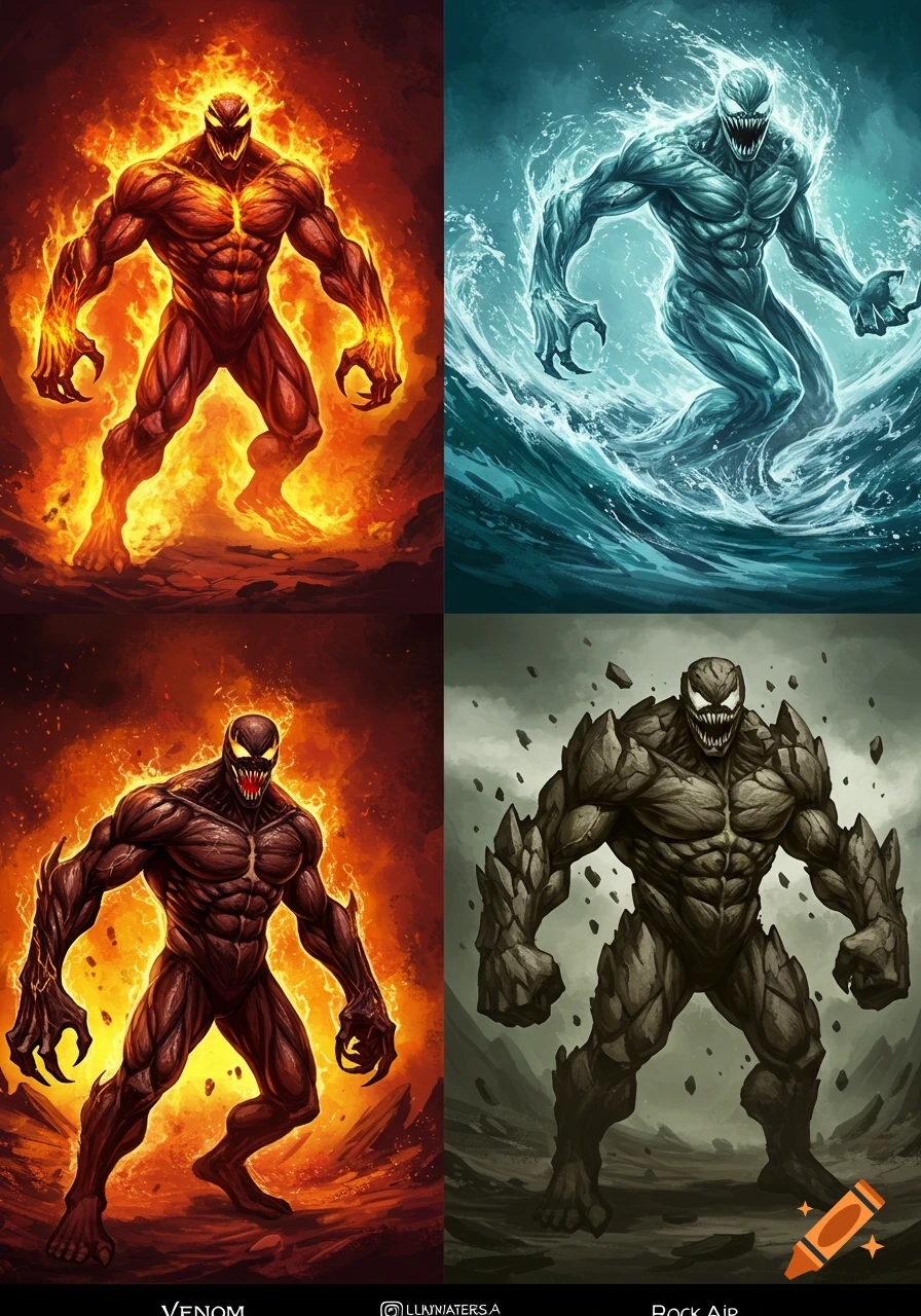 Four muscular Venom-like creatures composed of elements: one fiery red, one light blue watery, one dark red with fire, and one grey rock-like. Dynamic, illustrative style.