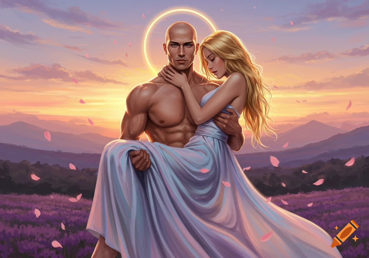 A muscular bald man with a glowing halo holds a blonde woman in a white dress in a field of purple flowers at sunset, with petals falling.