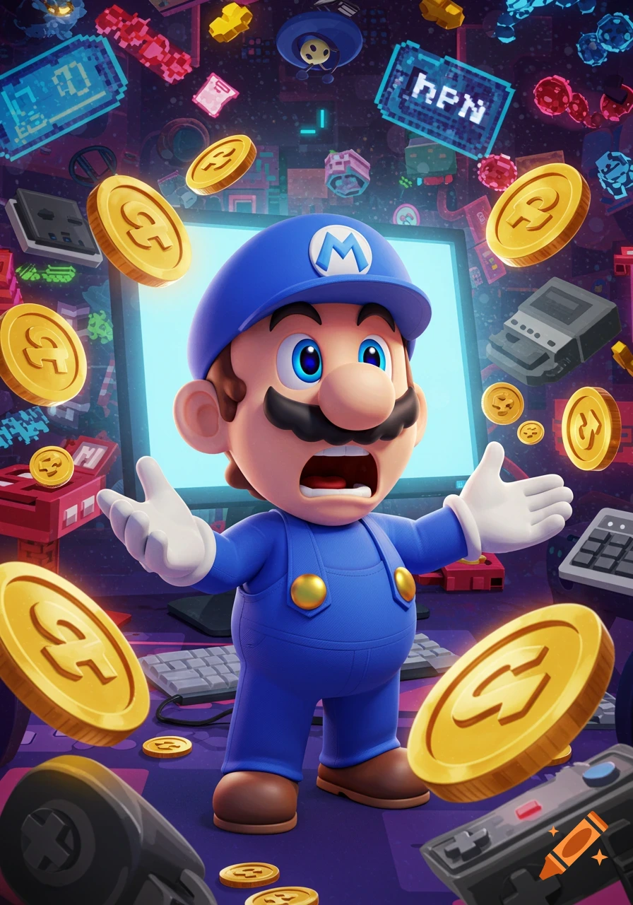 A surprised Mario-like character in blue overalls and hat surrounded by floating gold coins and pixelated digital elements in a dark, neon environment.