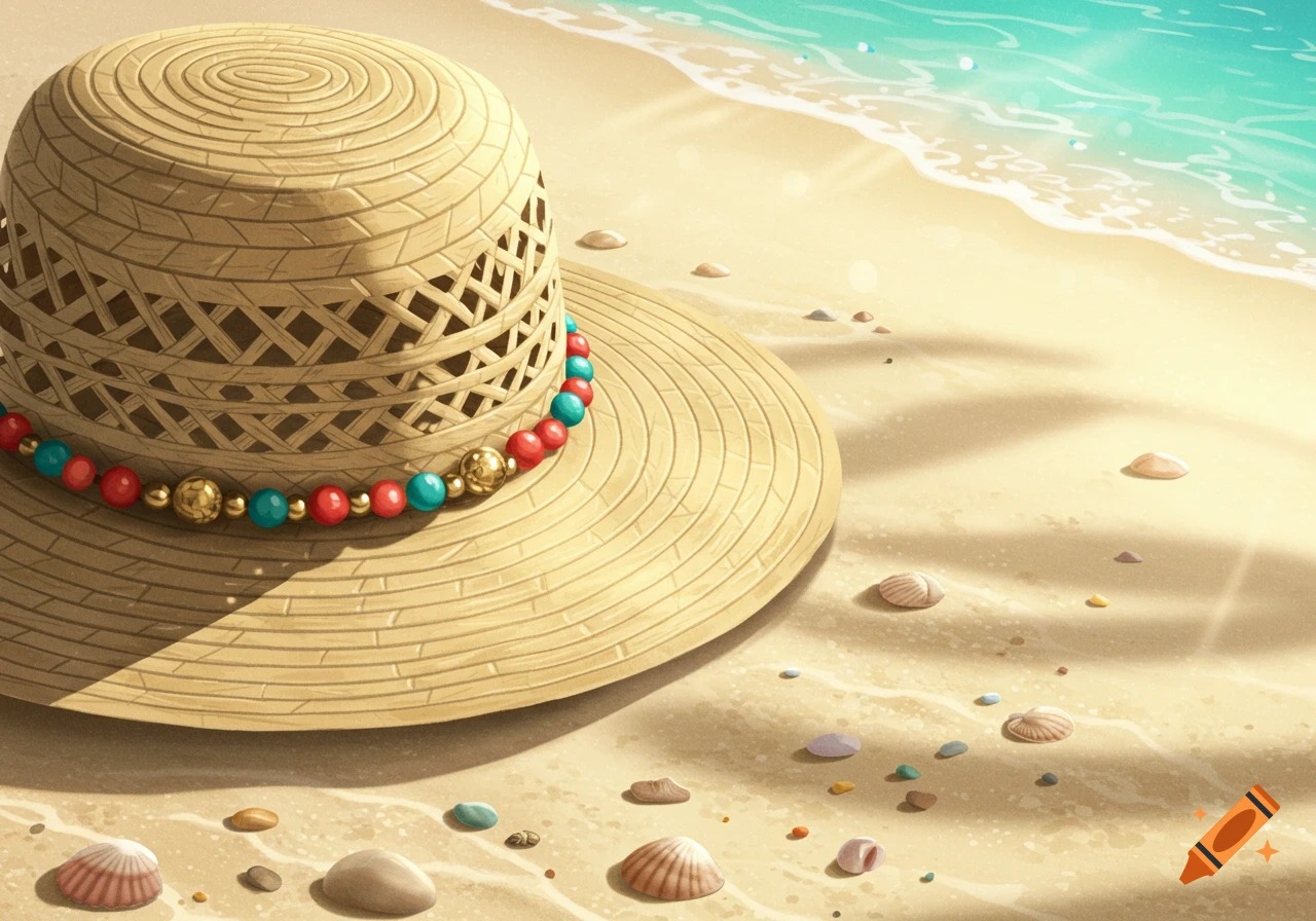 A straw beach hat with colorful red and blue beads rests on a sandy beach next to scattered seashells and the ocean.