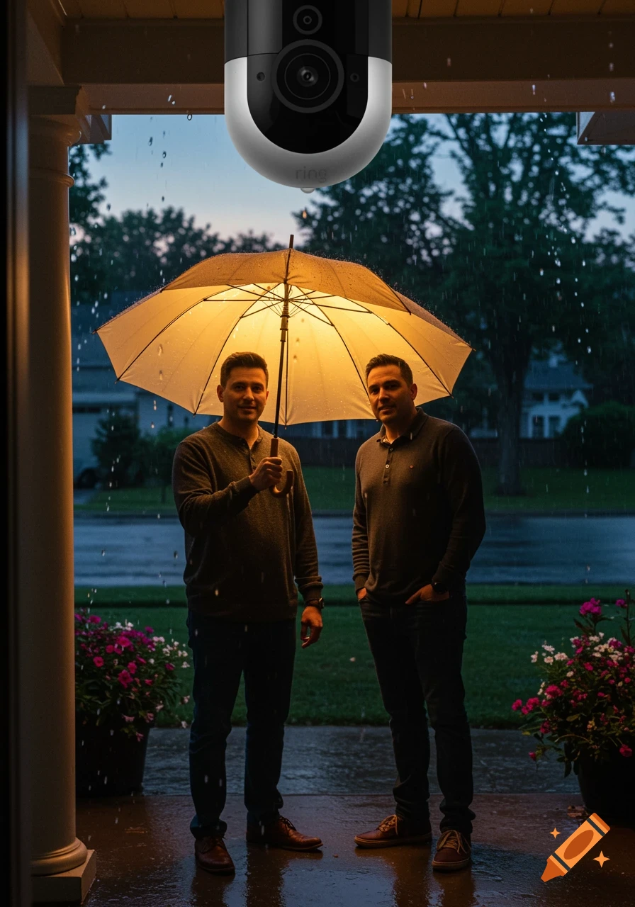 Two men stand under an illuminated umbrella in the rain, viewed from below a Ring doorbell mounted on a porch ceiling.