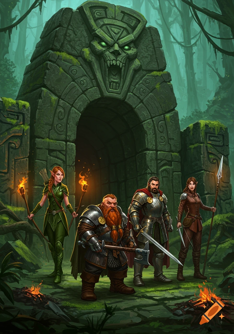 Four fantasy adventurers (elf, dwarf, two warriors) stand before moss-covered ancient jungle ruins.