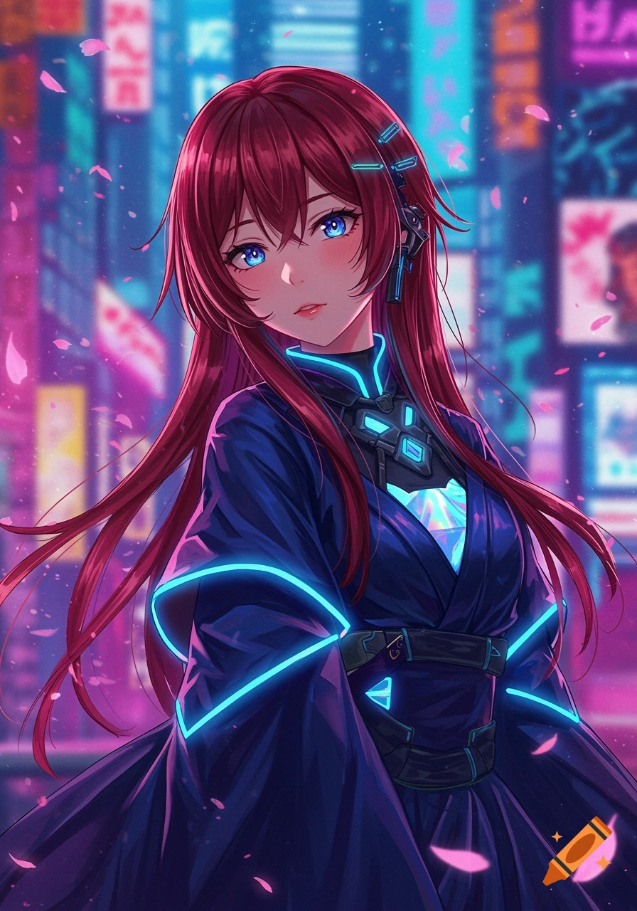 Anime girl with long red hair and blue eyes, wearing a dark blue cyber-kimono with glowing lines, standing in a neon-lit cyberpunk city with falling pink petals.