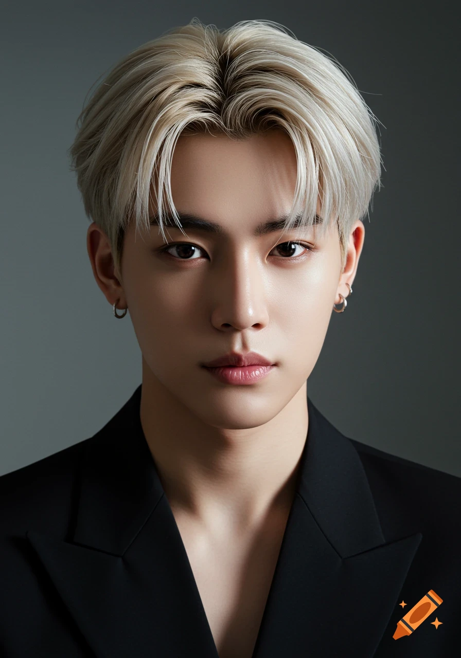 Photorealistic portrait of a young man with blonde hair and dark eyes wearing a black suit.