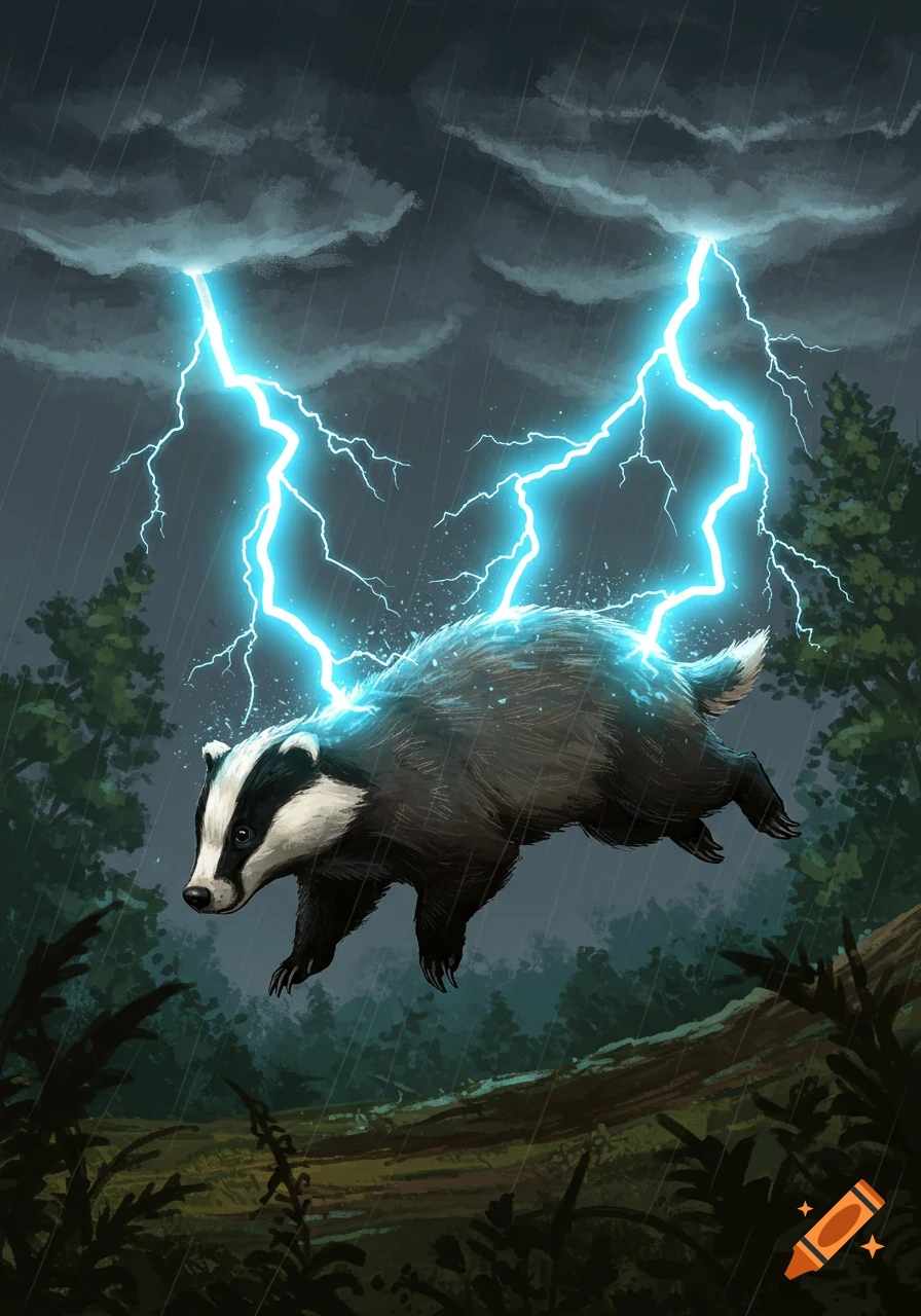 An illustrated badger hovers in a dark, rainy forest, surrounded by bright blue lightning bolts emanating from its body.