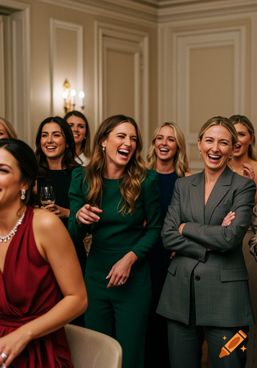 Group of women in formal attire laughing candidly at an upscale event.