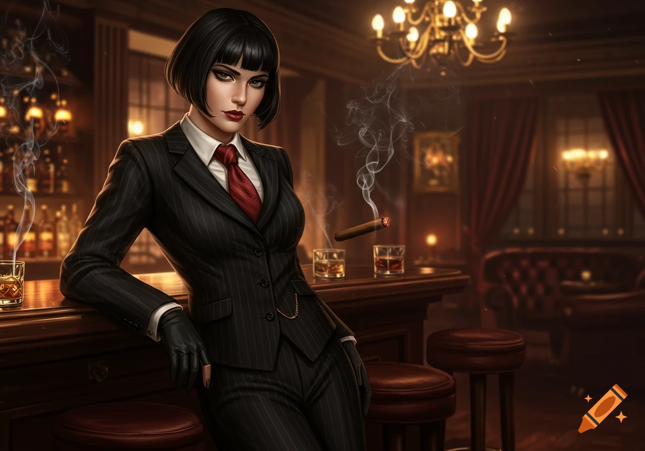 A stylish woman in a black pinstripe suit and red tie leans on a dark bar with drinks and a floating cigar, in a classic bar setting.