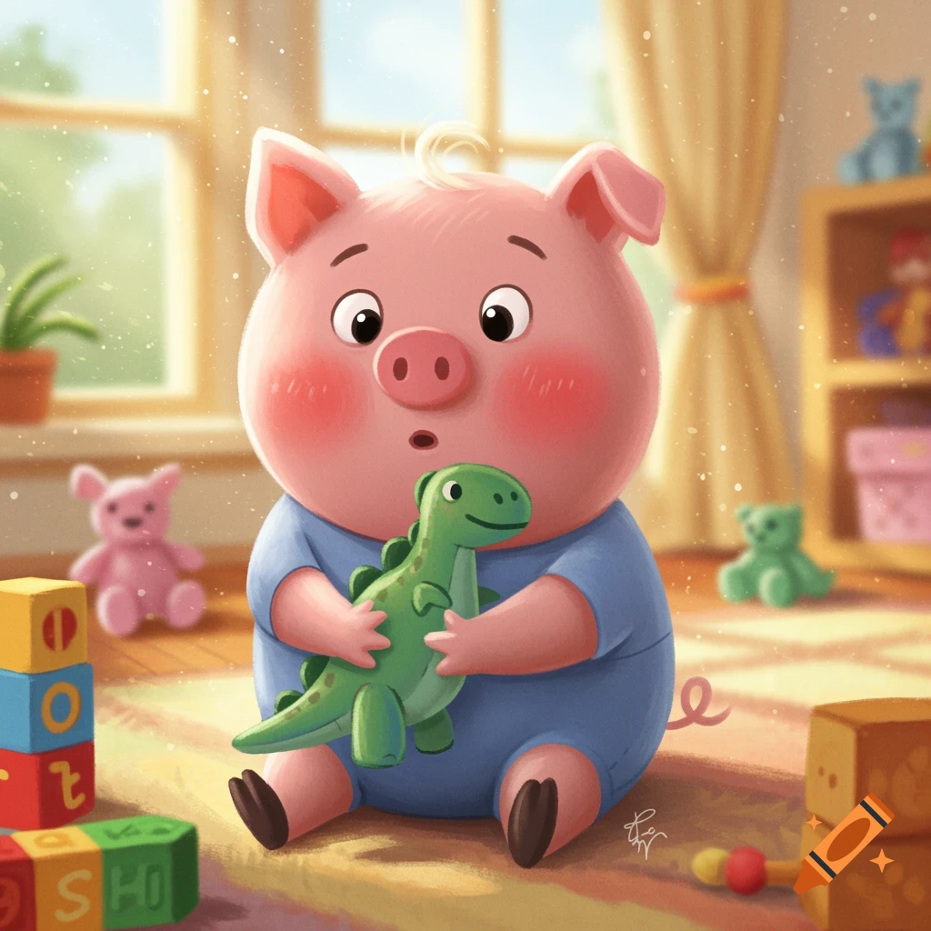 A cute cartoon baby pig in blue pajamas sits on a rug, holding a green dinosaur toy. Building blocks and other toys surround it in a sunny room.