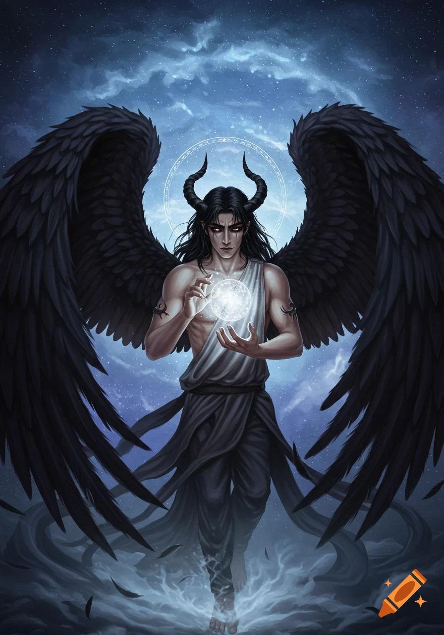 A dark-haired male figure with horns and large black wings stands holding a glowing orb against a starry night sky.