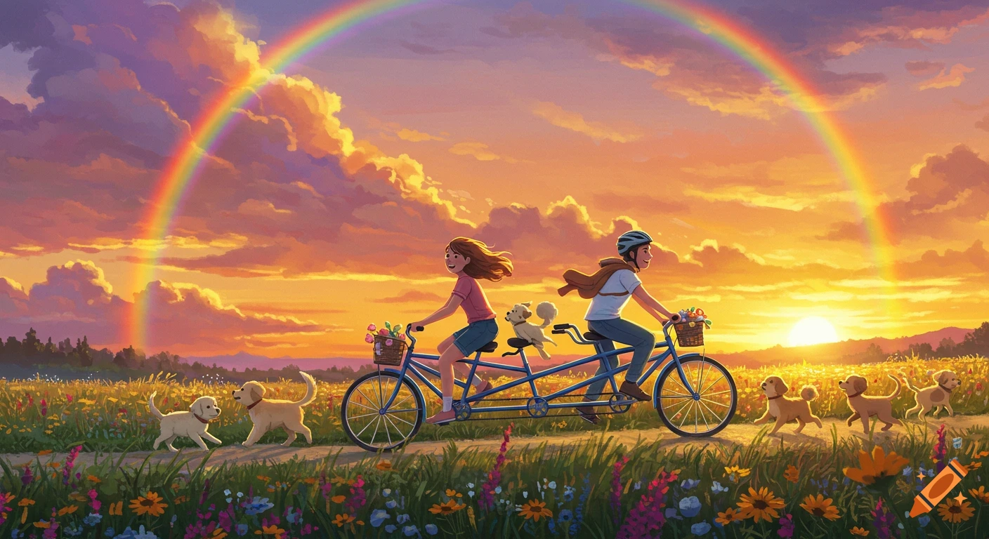 Two people on a tandem bike ride through a vibrant flower field at sunset, with a rainbow arching overhead and several playful puppies running alongside them. Illustrated style.