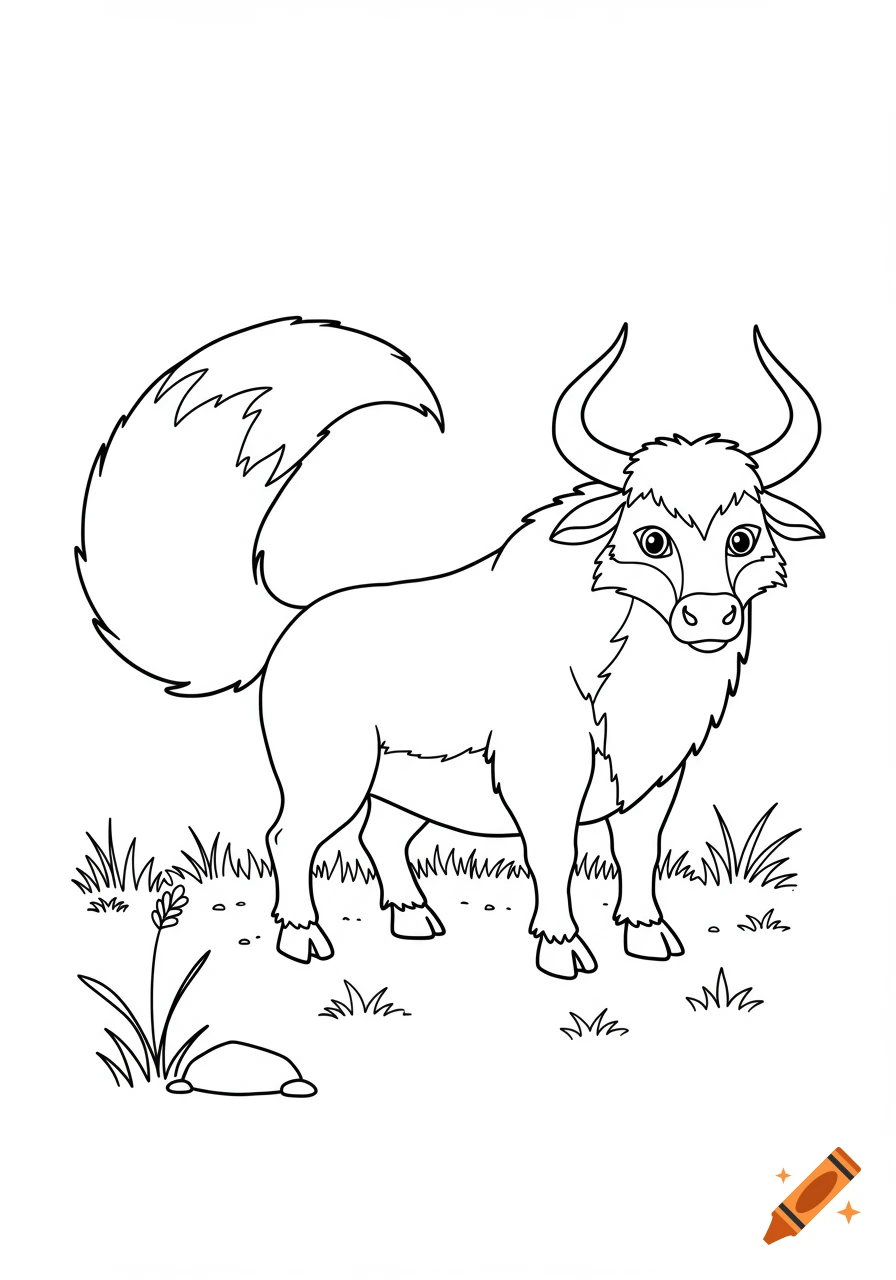 Line art coloring page of a friendly cartoon fox-oxen hybrid animal with a fluffy tail and horns, standing in grass.