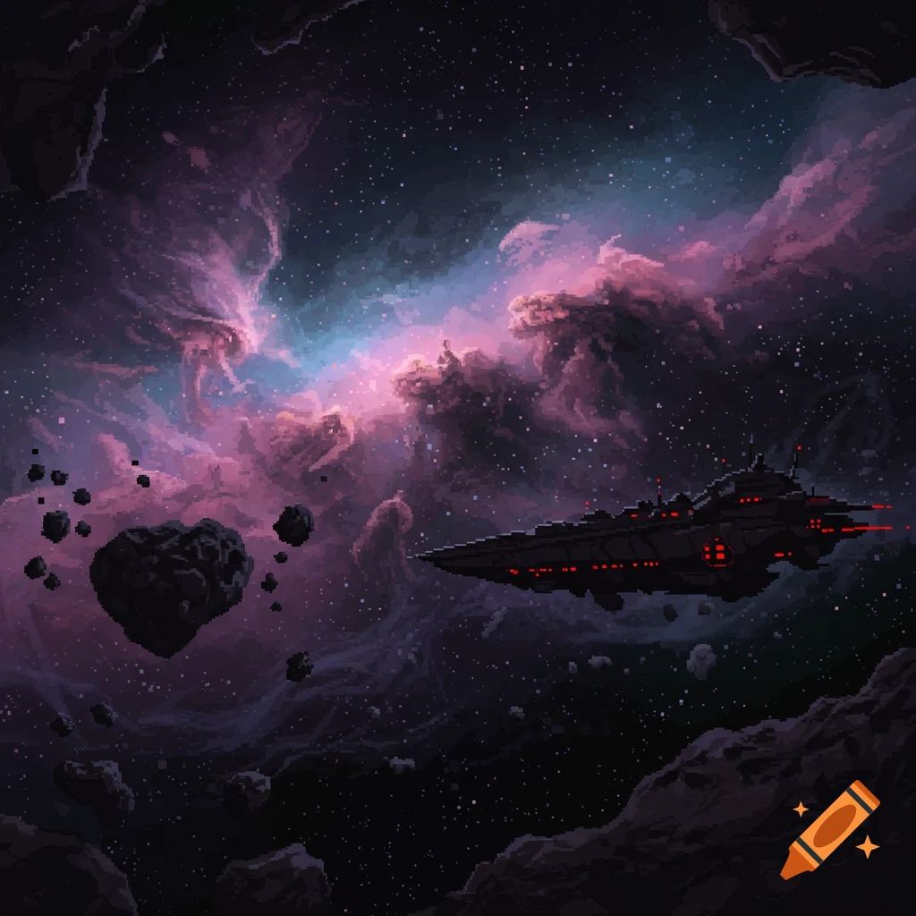 A pixel art spaceship flies through deep space with a pink and blue nebula and asteroids.