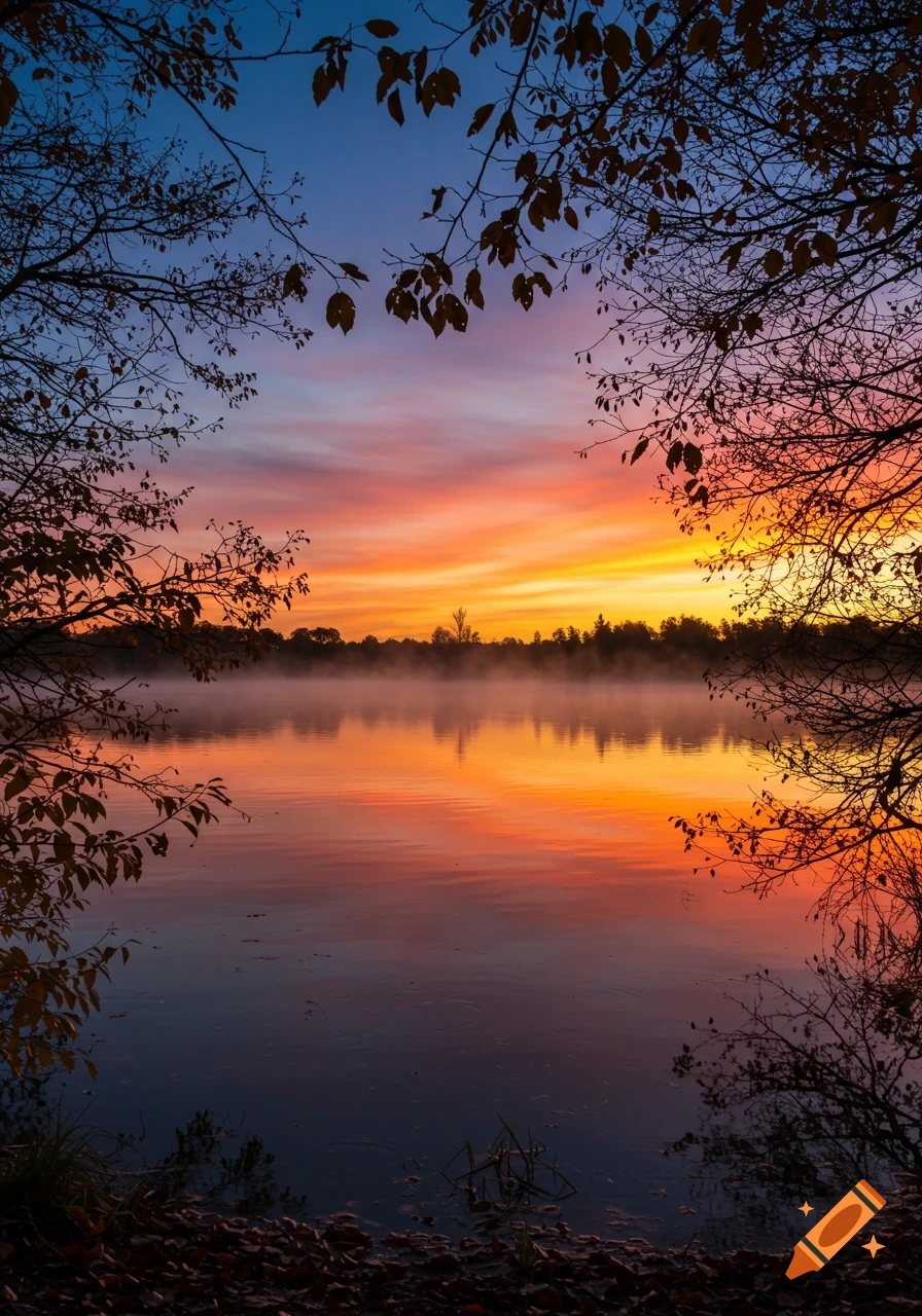 A vibrant sunset over a misty lake, framed by silhouetted tree branches with colorful reflections in the water.