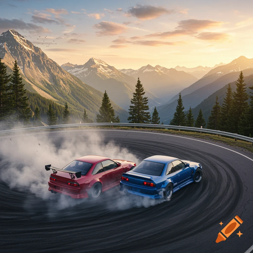 Two cars, one red and one blue, drift on a winding mountain road, creating smoke, against a backdrop of snowy peaks and a sunset sky.