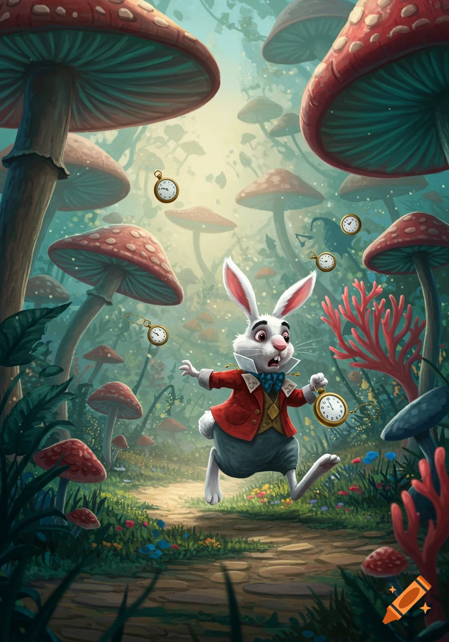 A cartoon illustration of the White Rabbit from Alice in Wonderland running through a vibrant mushroom forest, looking panicked while holding a gold pocket watch. Other pocket watches float in the air around him.
