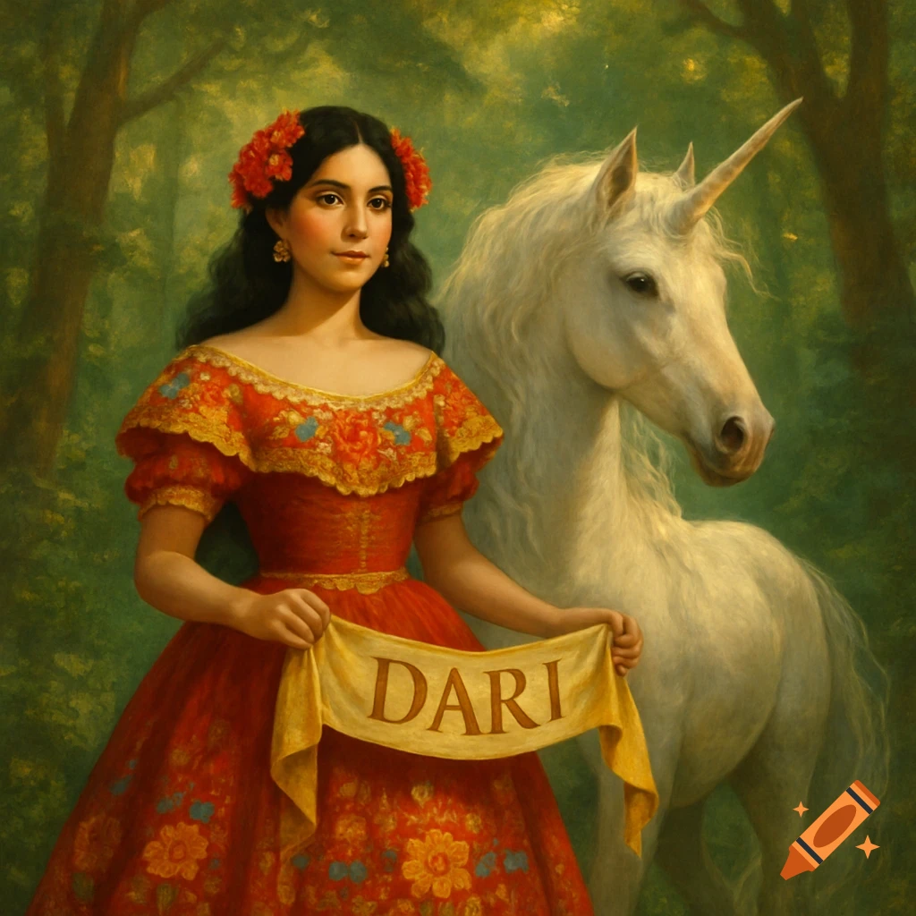 A painted portrait of a woman in a red dress holding a banner that says 'DARI', standing next to a white unicorn in a lush green forest.