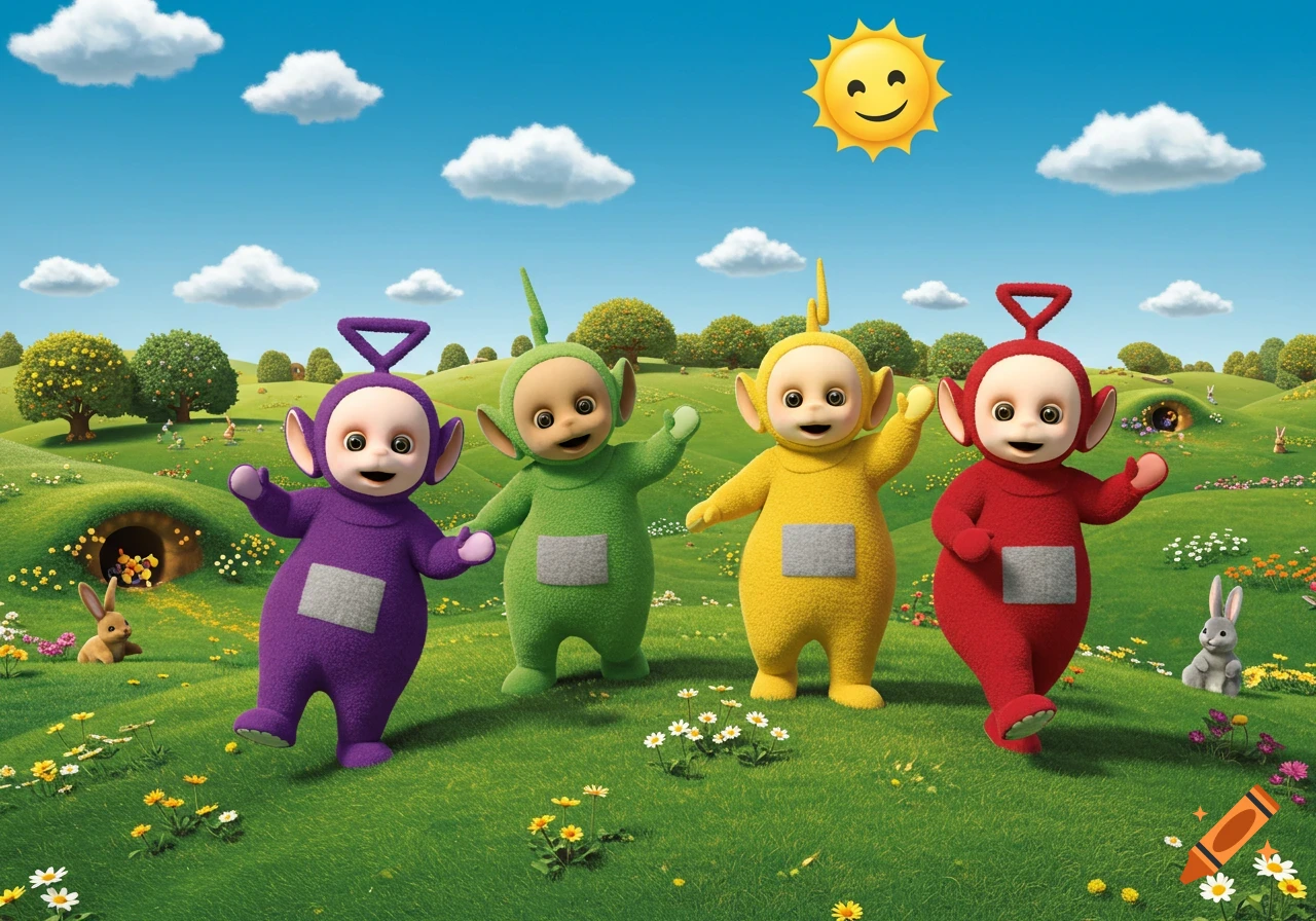 The four Teletubbies, purple, green, yellow, and red, stand in a sunny, green hilly landscape with clouds and a smiling sun.