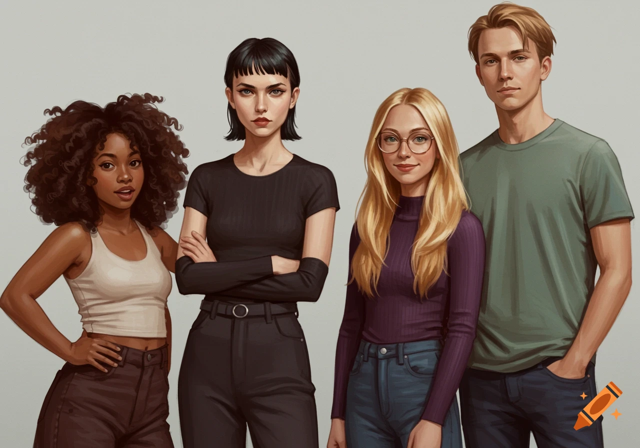 A digital art group portrait of four people: a woman with frizzy hair, a woman with short dark hair, a woman with long blonde hair and glasses, and a man.