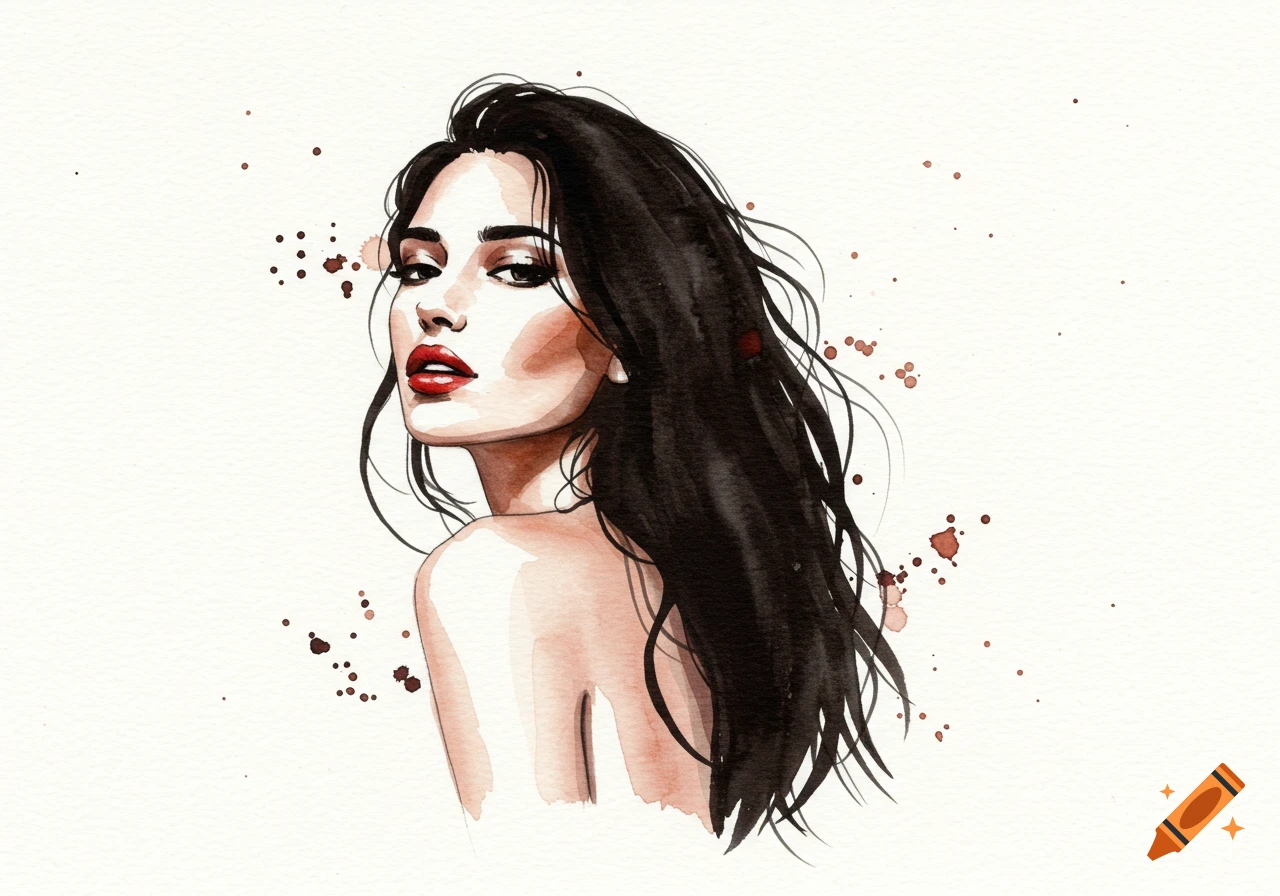 Watercolor portrait of a woman with long dark hair, red lips, and expressive eyes, looking over her shoulder.
