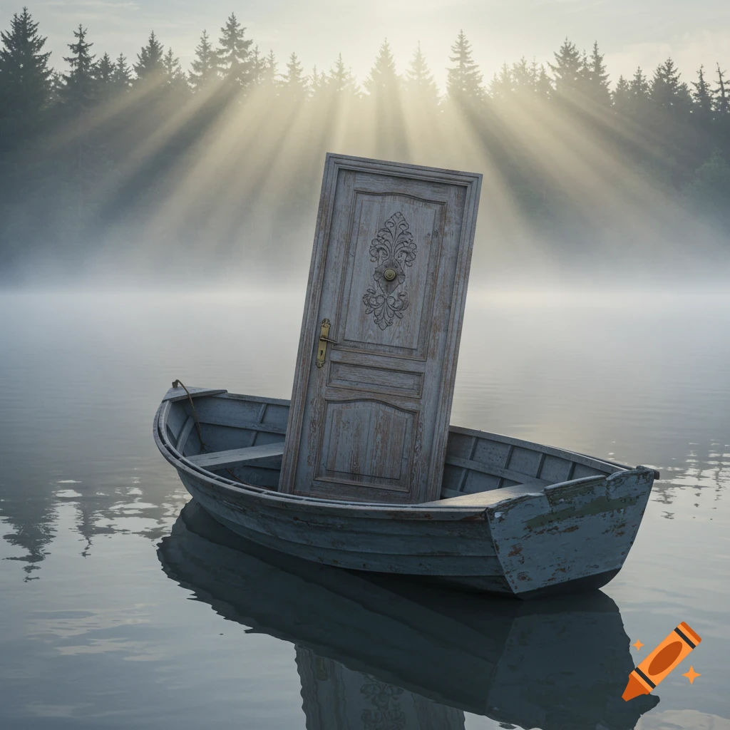 A weathered wooden door stands upright in a small rowboat floating on a misty lake, with sun rays piercing through a forest in the background.