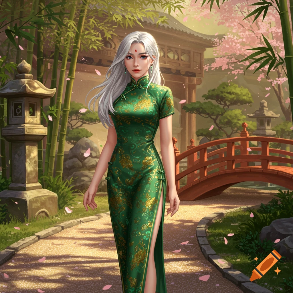 Digital art of a woman with white hair in a green traditional Chinese dress walking in a garden with bamboo and a red bridge.