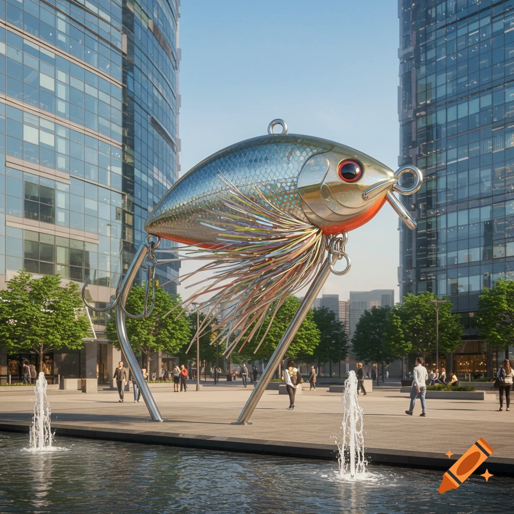A large, metallic fishing lure sculpture with iridescent skirt details stands in a modern city square with tall glass buildings and fountains.