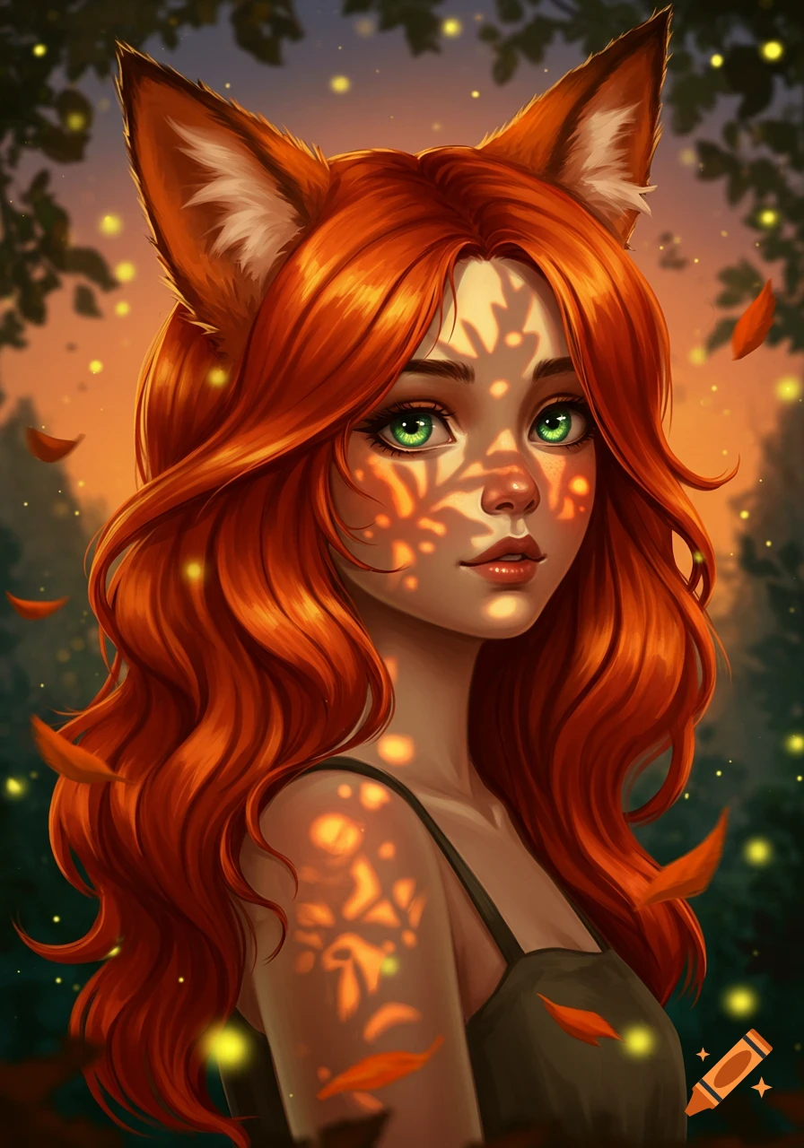 Digital art portrait of a red-haired girl with fox ears and green eyes, dappled sunlight on her face.