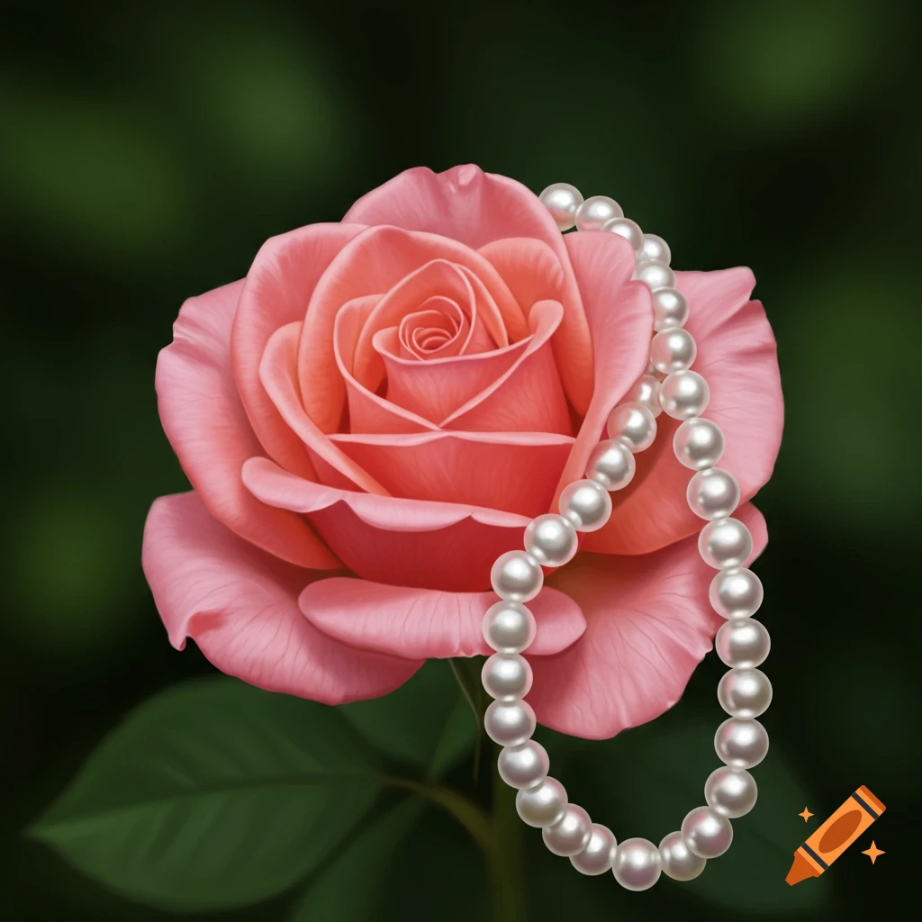 A vibrant pink rose with a strand of lustrous white pearls draped over its petals, set against a blurred dark green background.