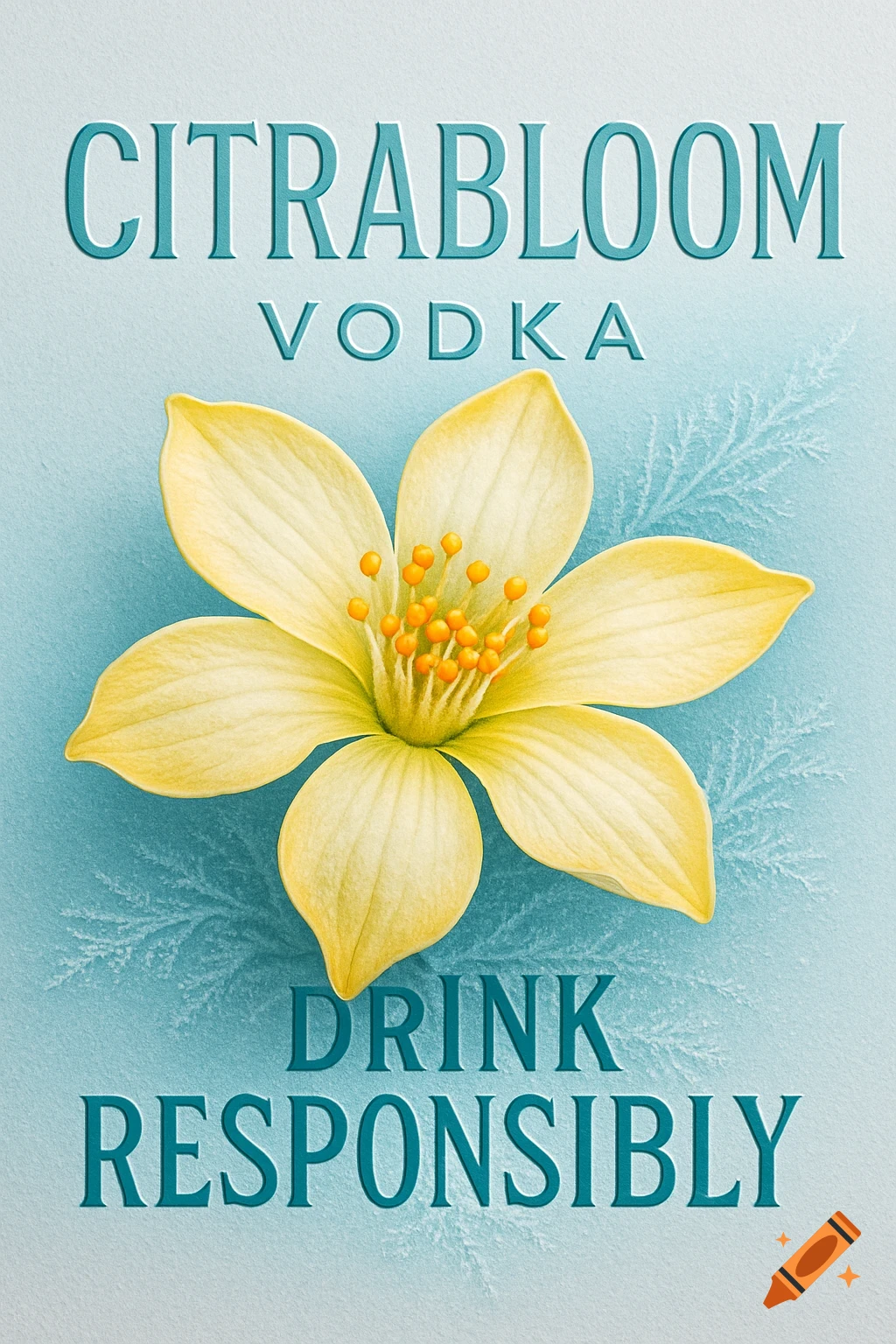 A yellow flower with orange stamen on a light blue background with embossed text "CITRABLOOM VODKA" and "DRINK RESPONSIBLY" in an illustrative style.