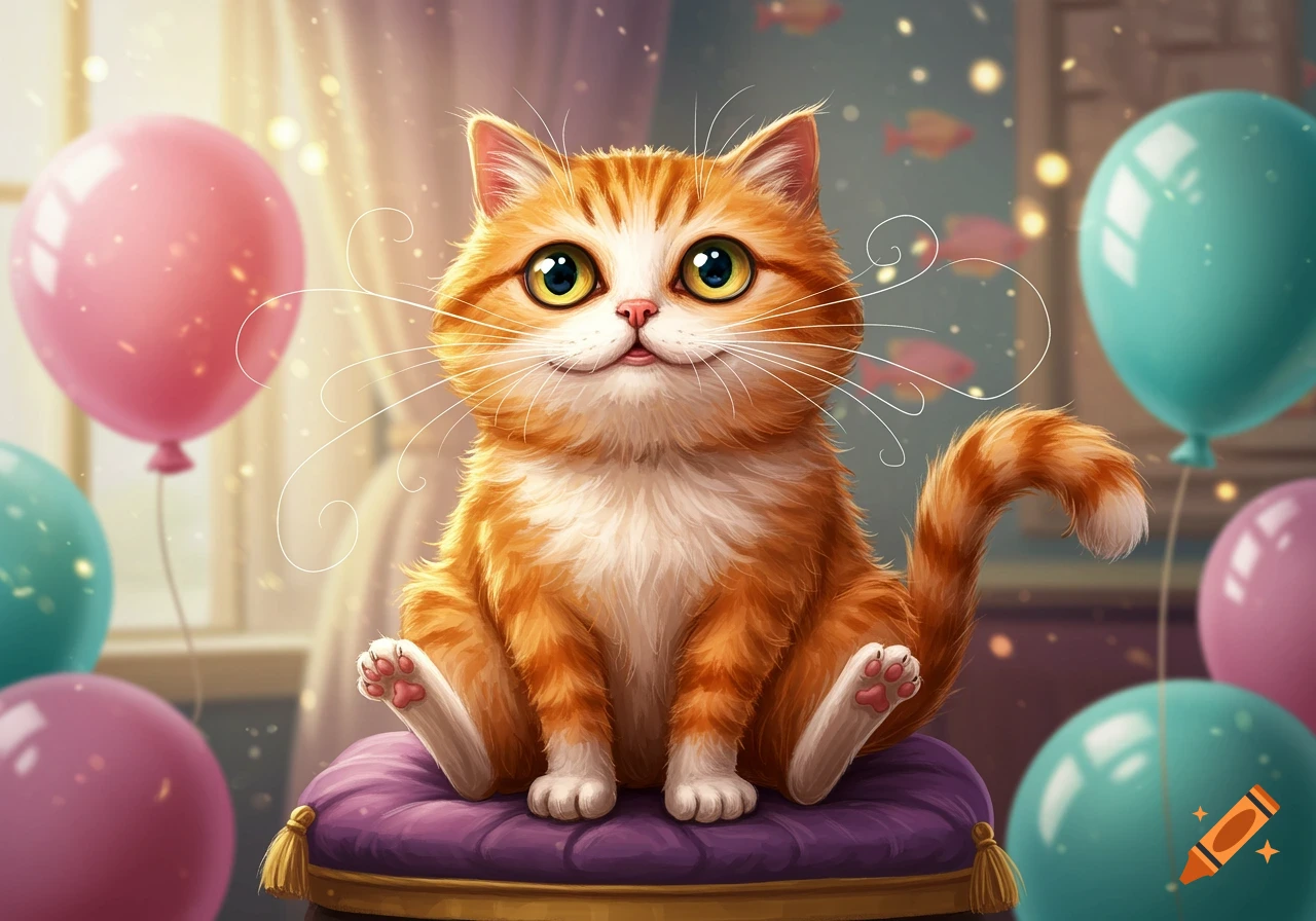 A cute, cartoonish orange tabby cat with big eyes sits on a purple cushion surrounded by colorful balloons.