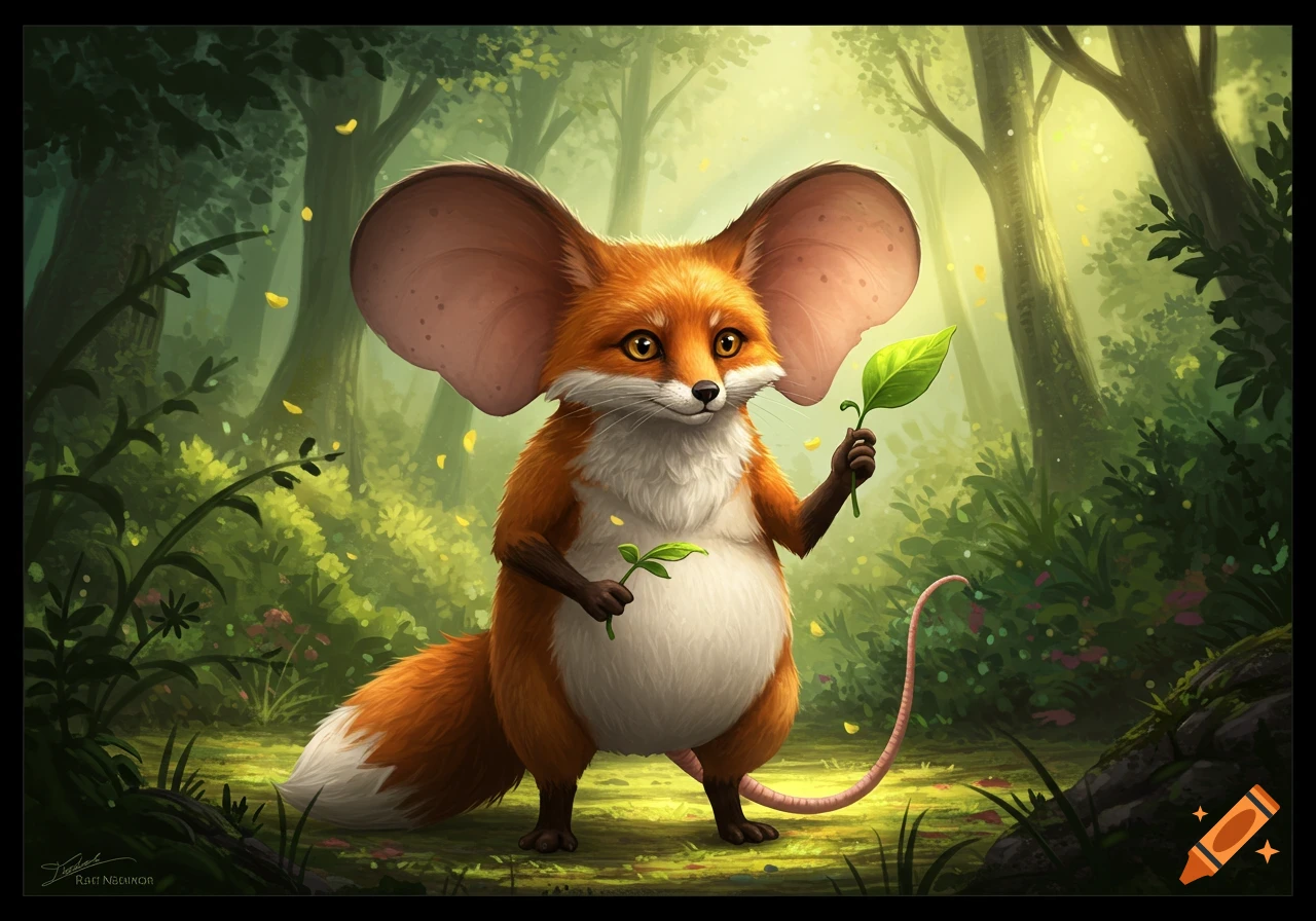A cute, orange and white furry creature with large mouse ears, a round belly, and a long tail stands in a forest holding green leaves.