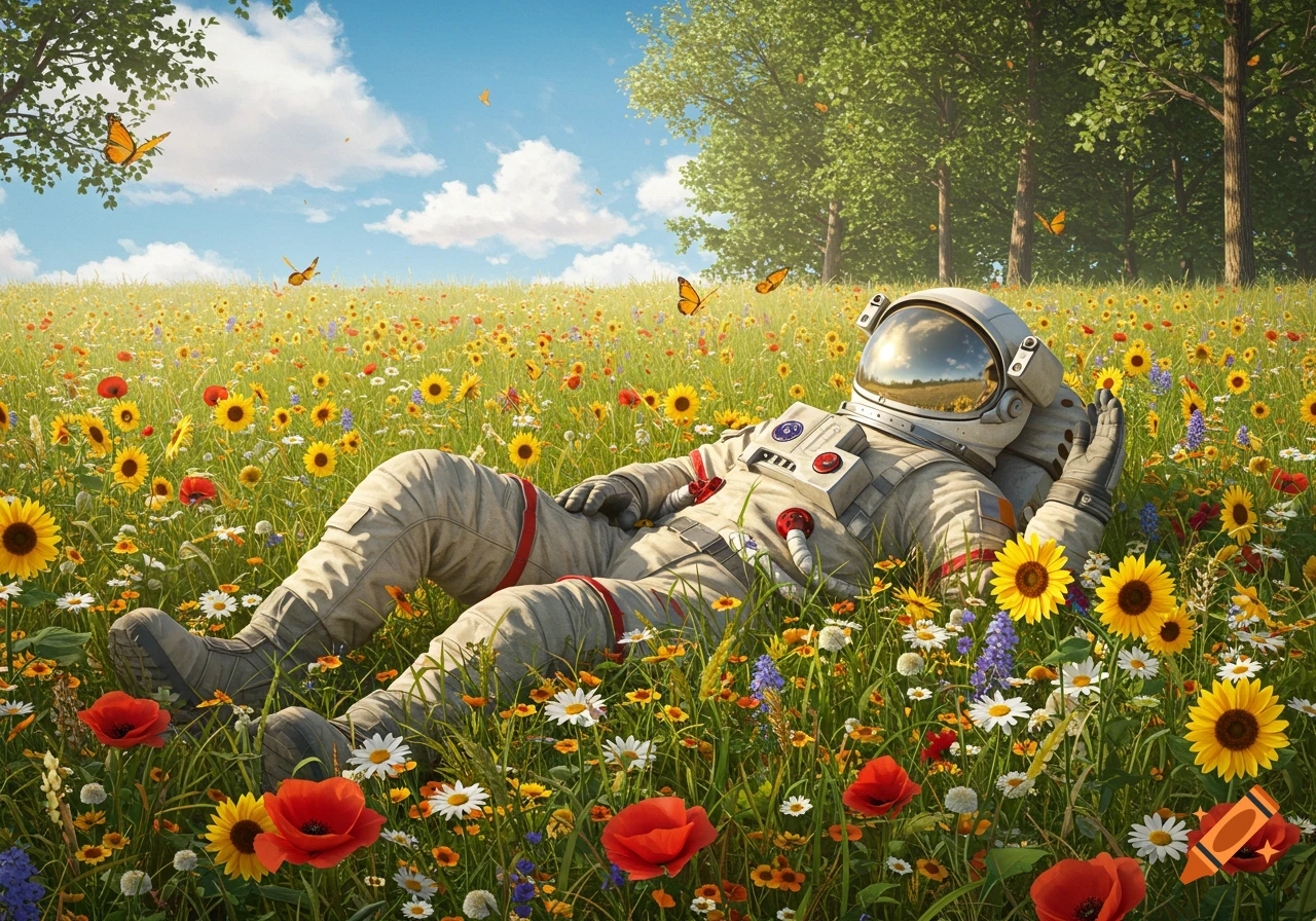 Photorealistic astronaut in a white spacesuit relaxing in a vibrant field of yellow sunflowers and various wildflowers under a blue sky.