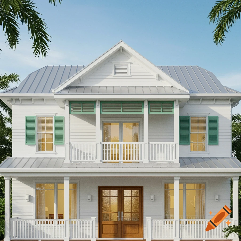 A white two-story house with green shutters, a metal roof, and front porches on both levels, surrounded by palm trees. Photorealistic style.