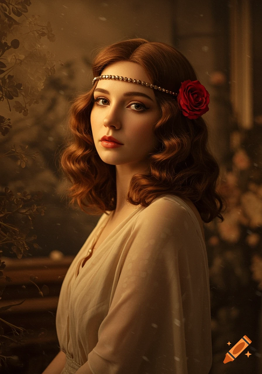 A photorealistic portrait of a young woman with wavy auburn hair, a jeweled headband with a red rose, and a flowing cream-colored dress, in a vintage style.