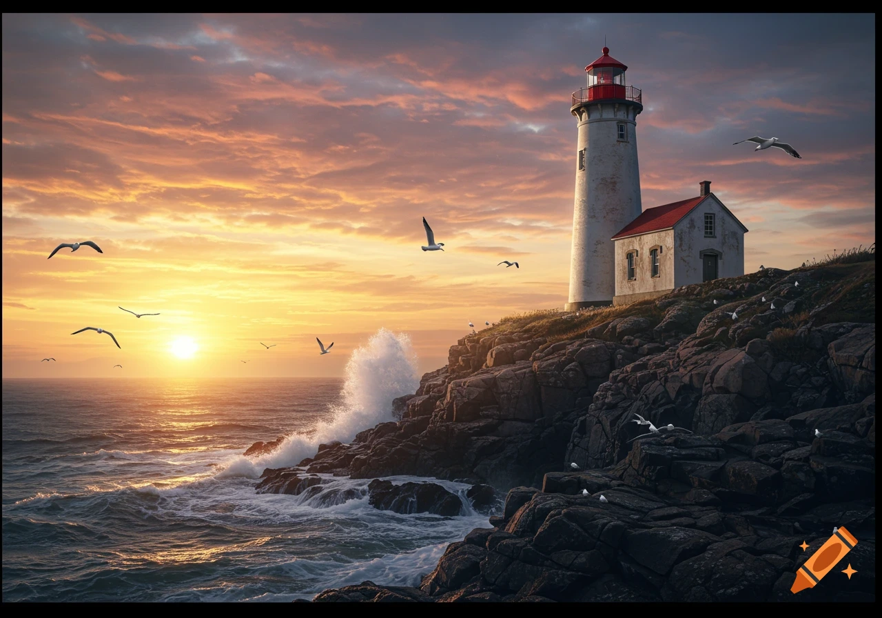 A photorealistic painting of a lighthouse and house on a rocky cliff overlooking a wavy ocean at sunset, with birds flying.