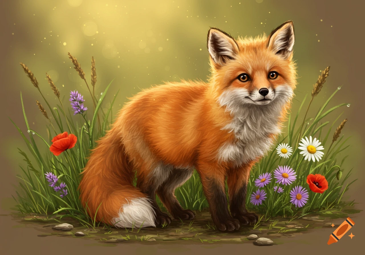 A cute red fox with white chest fur stands in a field of green grass and colorful wildflowers, with a soft, warm, illustrated background.