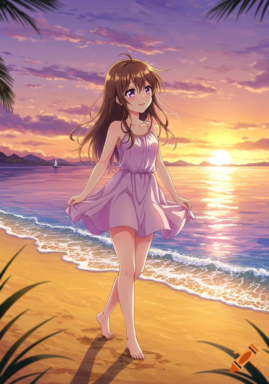 An anime girl with brown hair and pink eyes walks along a beach at sunset, with waves gently rolling onto the sand.