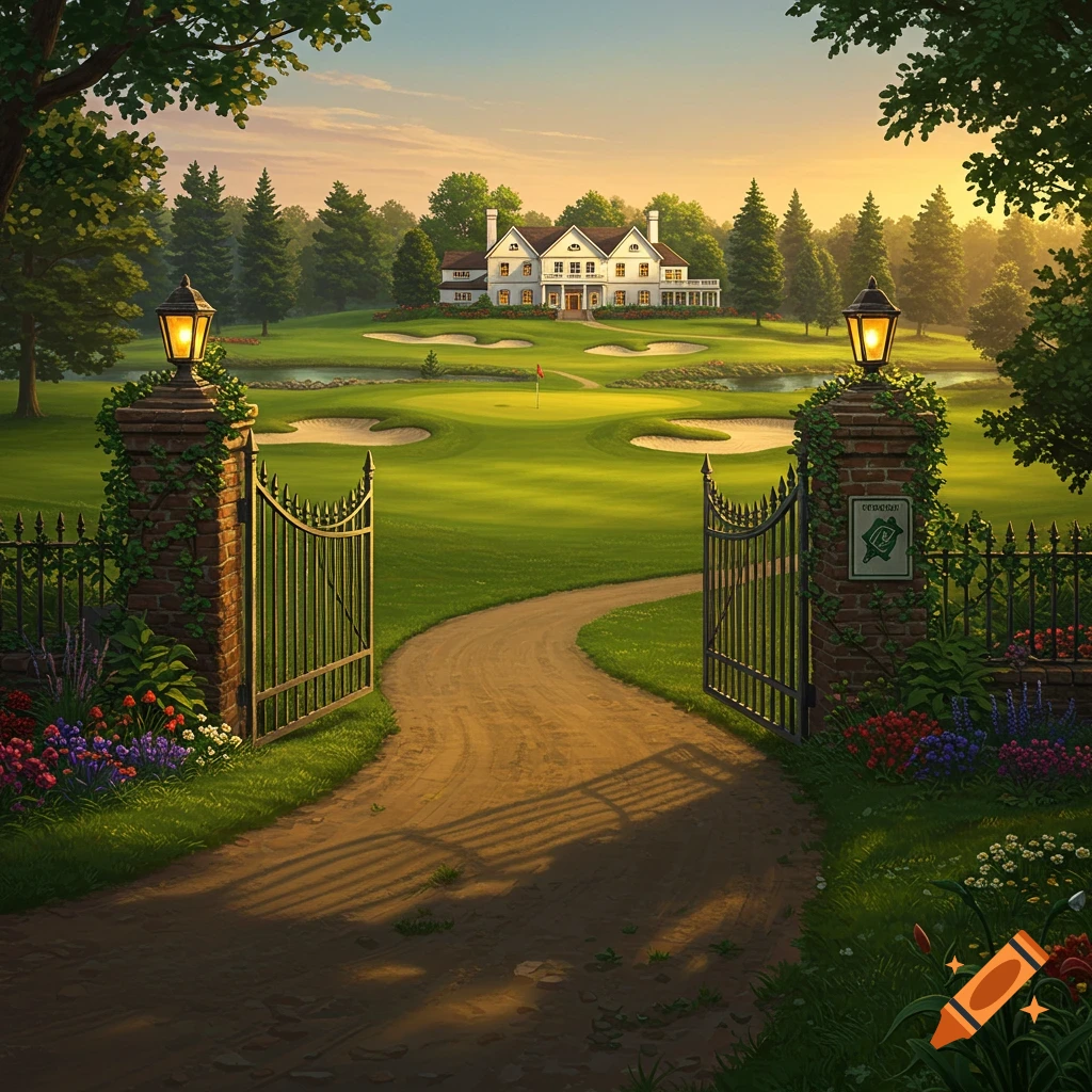 A dirt path leads through an ornate open gate to a white clubhouse on a lush golf course with sand traps and a pond at sunset.