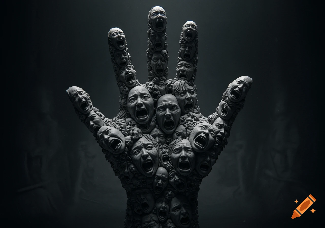 A dark, monochromatic image of a hand formed by numerous screaming faces, resembling a sculpture.