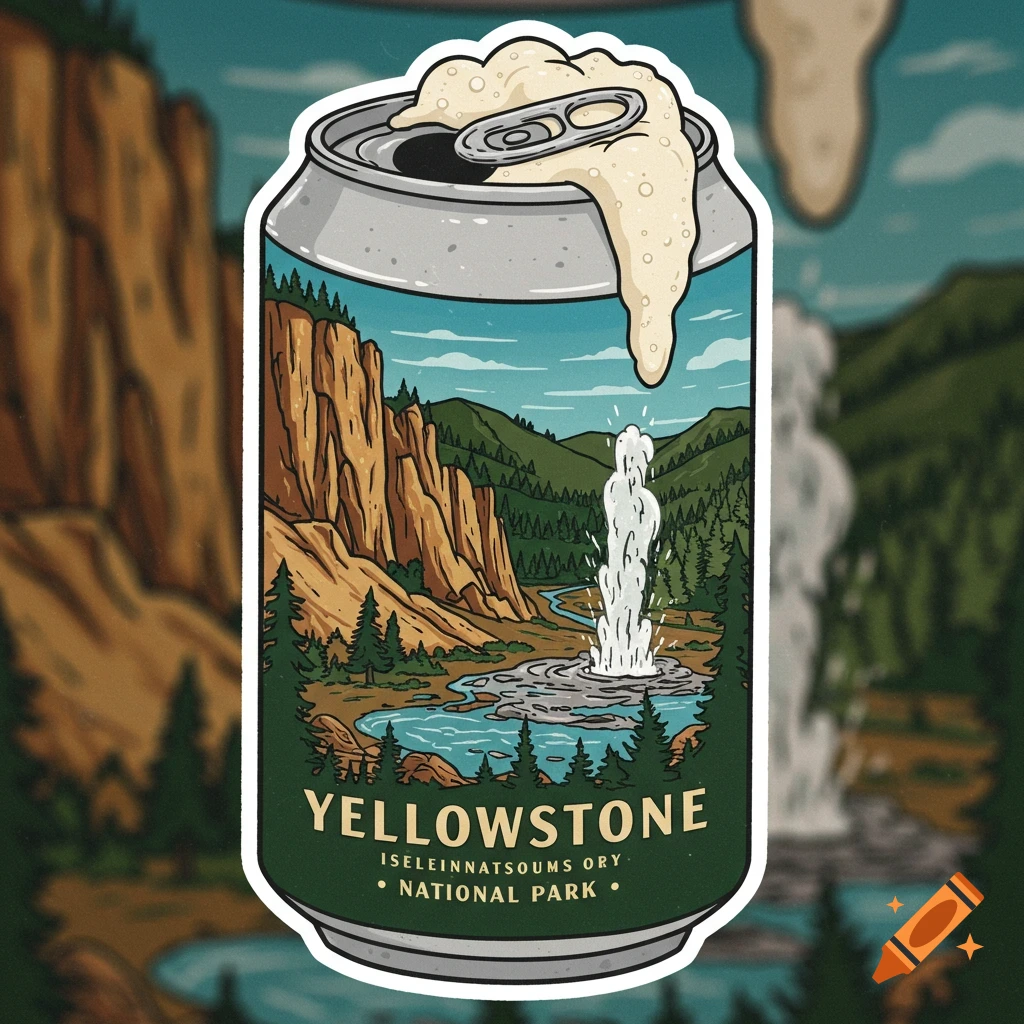 A colorful sticker features a beer can with a Yellowstone National Park theme, showing a landscape with mountains, trees, a lake, and a geyser inside the can. Foam spills from the top of the can, with text reading 'YELLOWSTONE' and 'NATIONAL PARK', and some garbled text.