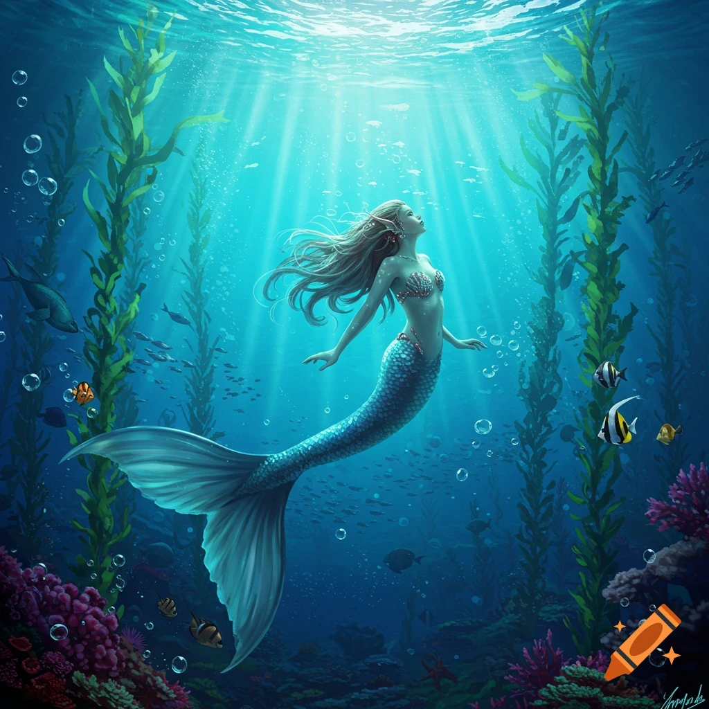 A beautiful mermaid with long flowing hair and a shimmering tail swims upwards towards light rays in a vibrant underwater kelp forest.