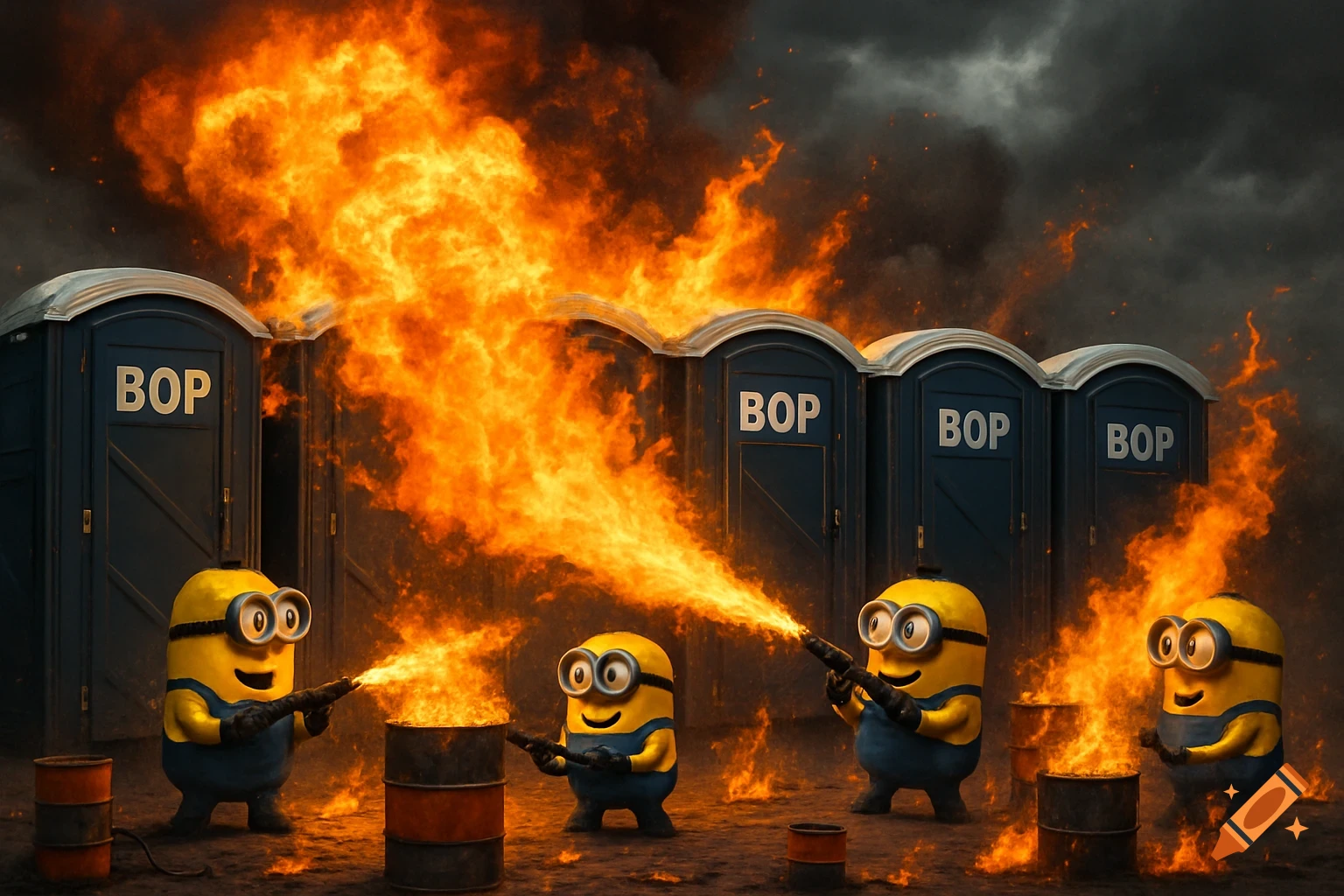 Minions using flamethrowers to set portable toilets and barrels ablaze, surrounded by large fires and smoke.