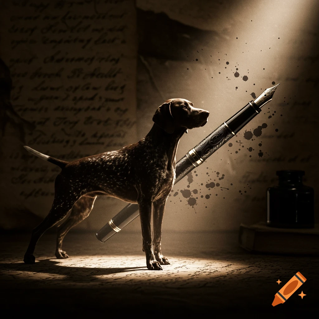 A dark, dramatic image of a German Shorthaired Pointer dog standing next to a large ornate fountain pen with ink splatters, with illegible script on paper in the background.