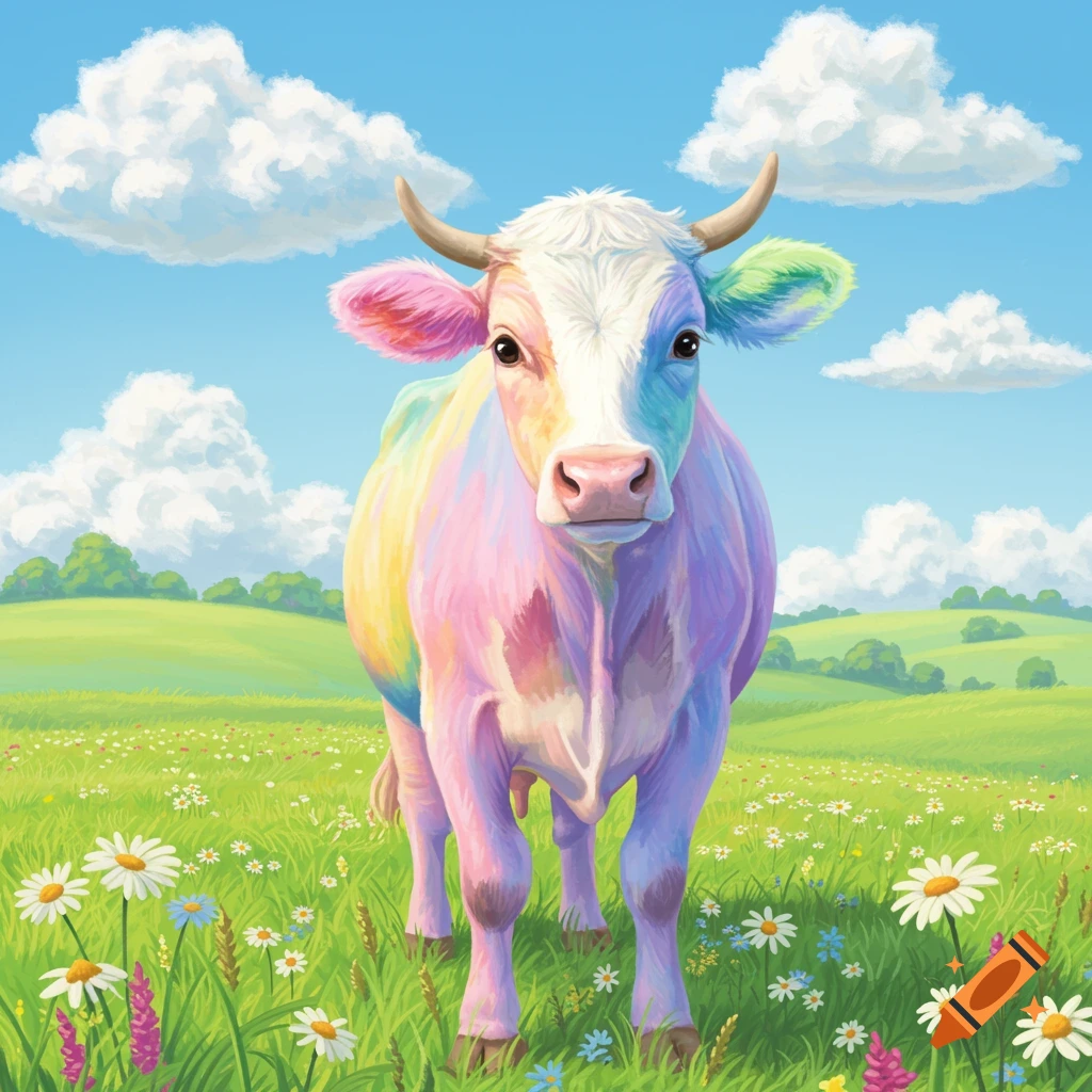 A rainbow-colored cow stands in a field of green grass and wildflowers under a blue sky with fluffy white clouds.