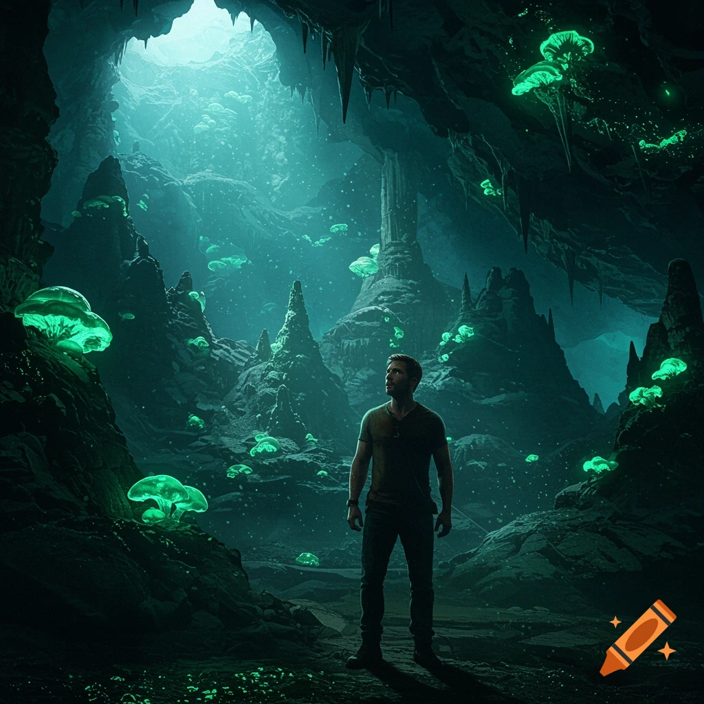 A man stands in a vast, dark cave filled with glowing teal mushrooms and rock formations, with light shining from an opening above.